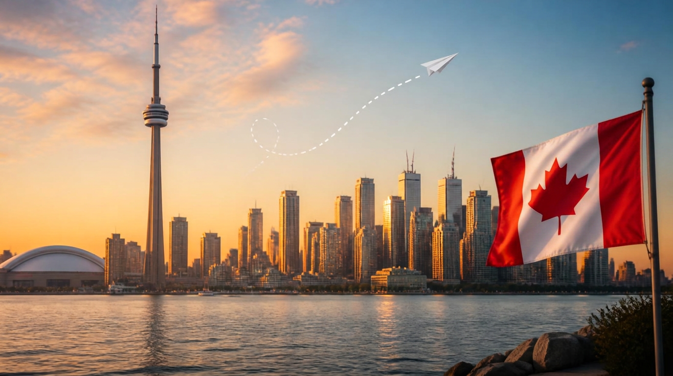 Horizonte de Toronto con bandera polaca y avión de papel simbolizando el viaje a Canadá